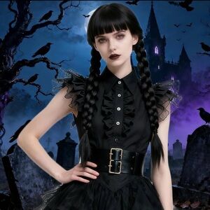 💞 New Black Braided Wednesday Addams Style Gothic School Girl Costume Wig